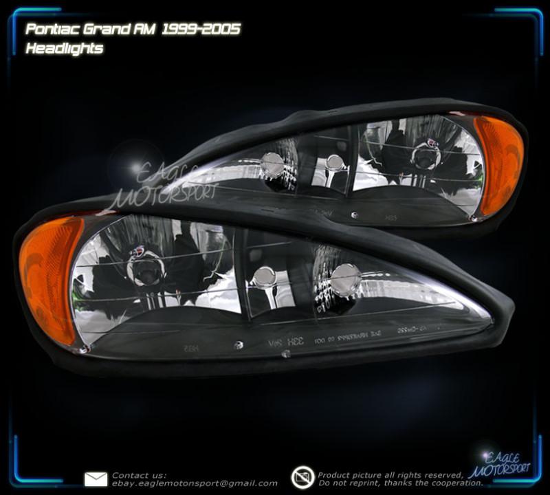 1999-2005 pontiac grand am black blk crystal headlights head lamps assembly