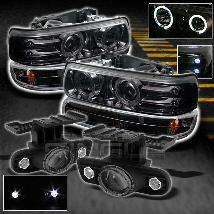 Smoked 99+ siverado suburban tahoe projector headlights +bumper +halo fog lamps