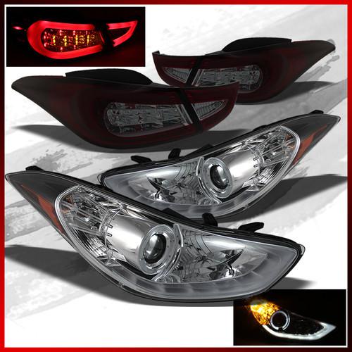 11-13 fit elantra led chrome halo projector headlights+smoked tube tail lights