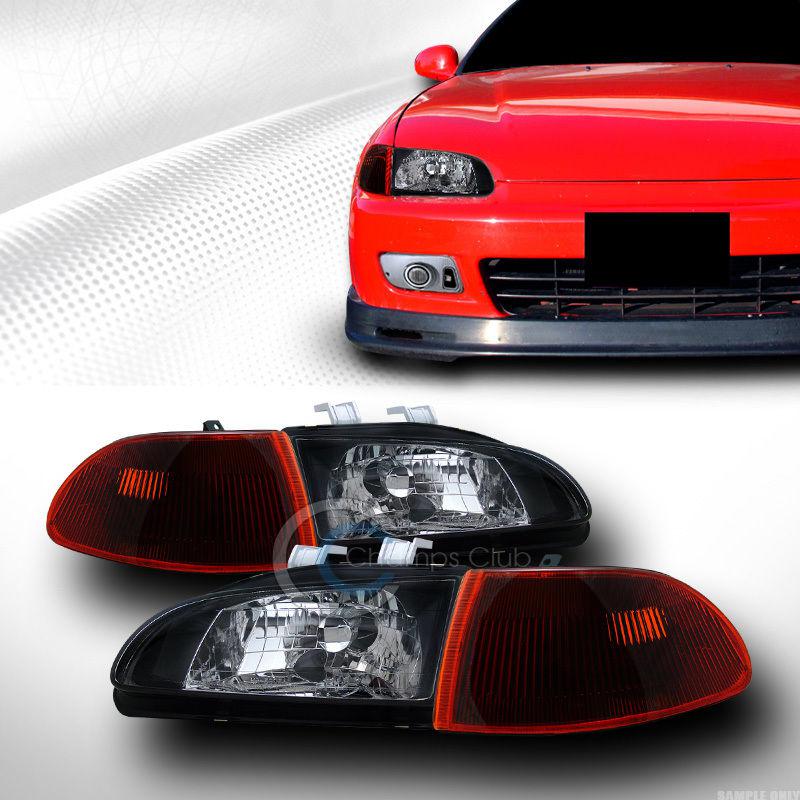 Jdm blk head lights+smoke signal parking corner amber lamp k2 92-95 civic 4d 4dr