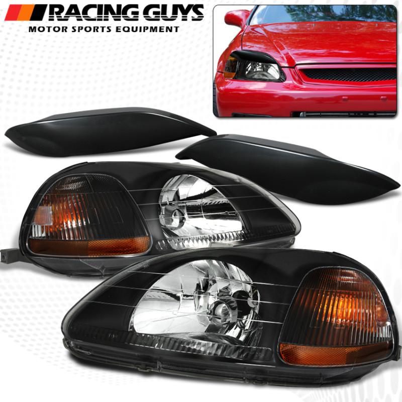 Honda 1996-1998 civic 2/3/4 dr black headlights abs eyebrows eyelids combo new