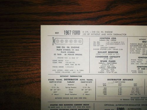 1967 ford six series models 155 horsepower 240 cubic inch l6 tune up chart