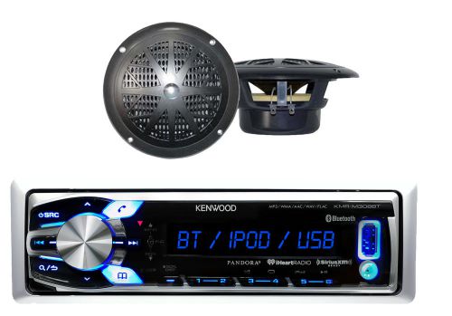 Kmrm312bt marine bluetooth aux usb ipod xm ready radio w/2 x 4&#034; black speakers