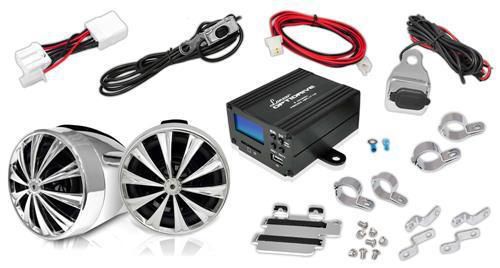 New lanzar optimc80 700w motorcycle atv 4 ch amp w/ 2 weatherproof speakers pkg