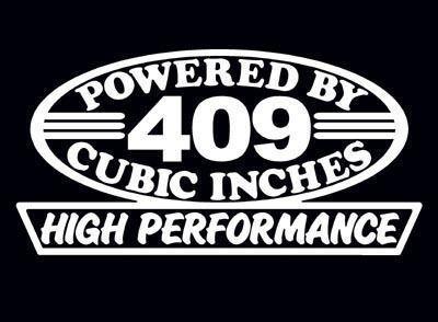 2 high performance 409 cubic inches decal set hp v8 engine emblem stickers