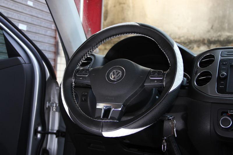 Fit kia black+white pvc leather steering wheel wrap cover w/ needle & thread diy