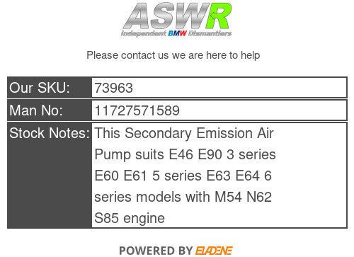 Bmw secondary emission air pump e46 e90 e60 e63 3 5 6 series 11727571589