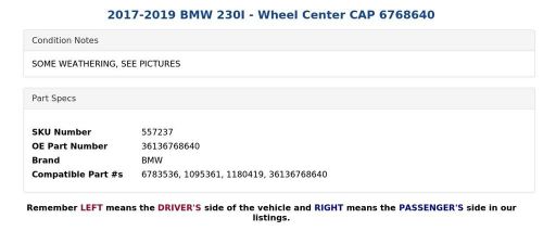 2017-2019 bmw 230i - wheel center cap 6768640