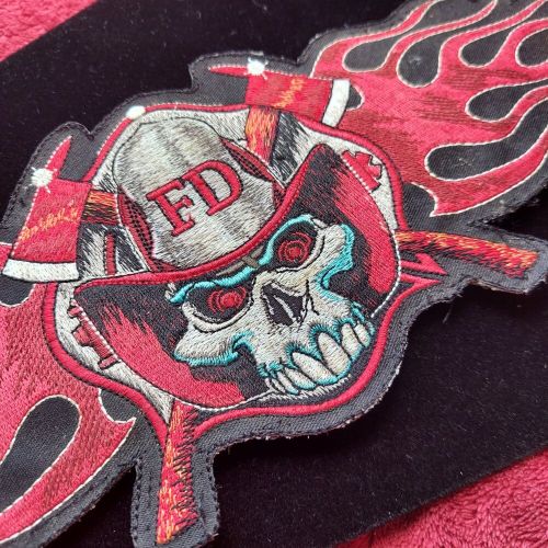 Fireman skull axe flames patch large embroidered 12x4 flaw