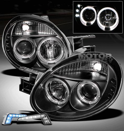 2003 2004 2005 dodge neon dual halo led black projector head lights w/blue drl