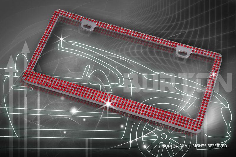 4 row red real crystal rhinestone embedded chrome license plate frame