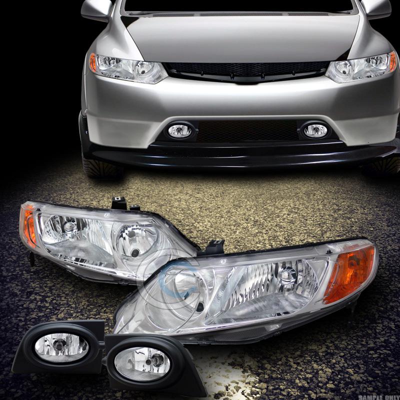 Chrome head lights amber dy+fog lamps w/switch clear 06-08 honda civic 4dr sedan