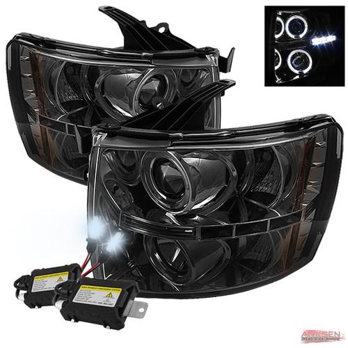 8k slim ballast xenon hid+07-13 chevy silverado smoked halo projector headlights