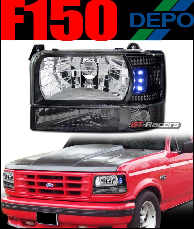 Blk drl led head lights signal+depo bumper lamps smoke 4p 1992-1996 f150 bronco