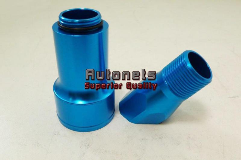 Billet aluminum blue anodized water pump inlet fitting 45 degree adapter 1" npt