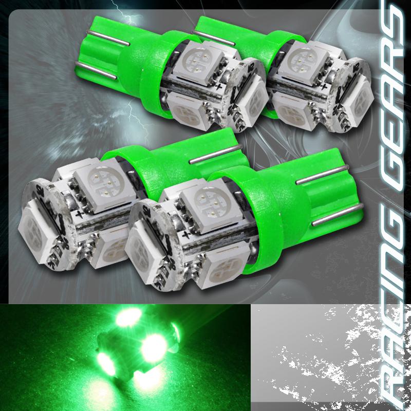 4x green smd 5 led 12v t10 wedge light bulb interior license plate / side marker