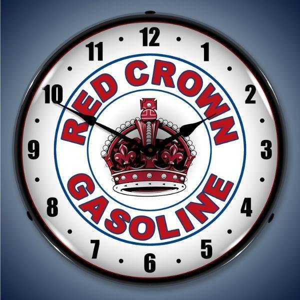 Retro nostalgic lighted clock 14" 18a vintagecar hot rod red crown gas & oil