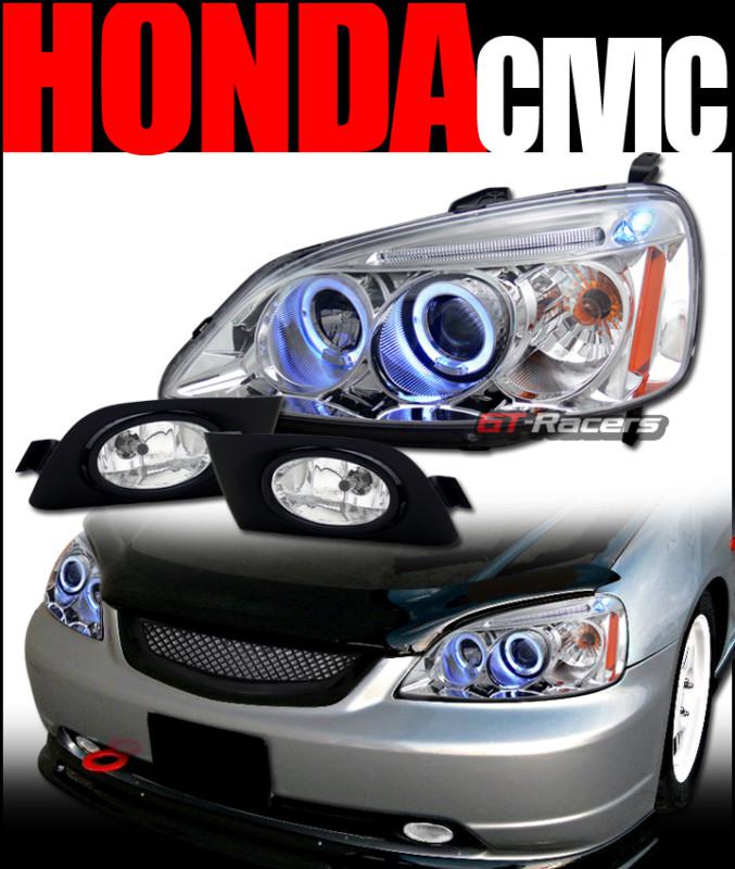 Chrome halo led projector head lights signal+bumper fog lamps ch 2001-2003 civic