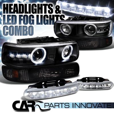 00-06 tahoe suburban black projector headlights+smoke bumper lamps+led fog lamps