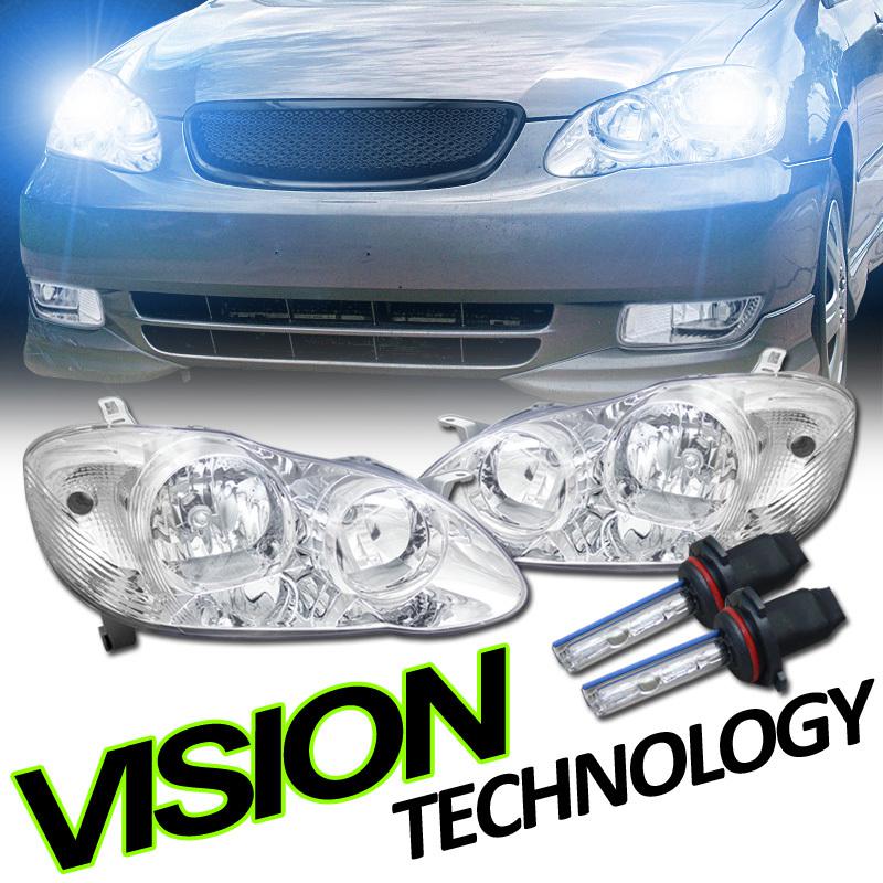 Direct replacement set 03-08 corolla 4d/4dr sedan chrome headlights+8000k hid