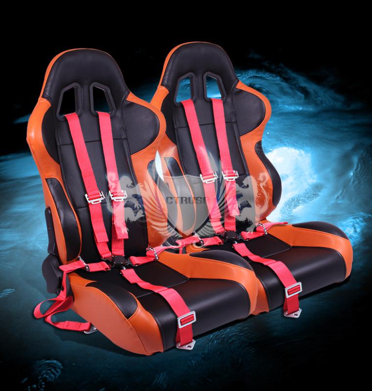 2x black/orange reclinable jdm turino sport racing seats+5-pt red camlock belts