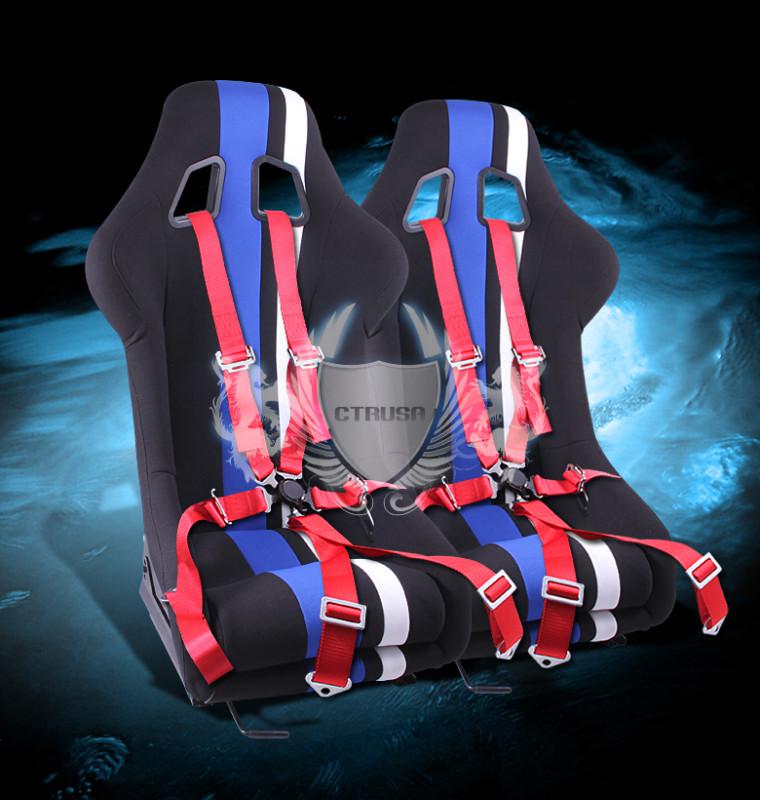 2x universal black fabric racing bucket seats+6-pt red camlock harness seat belt