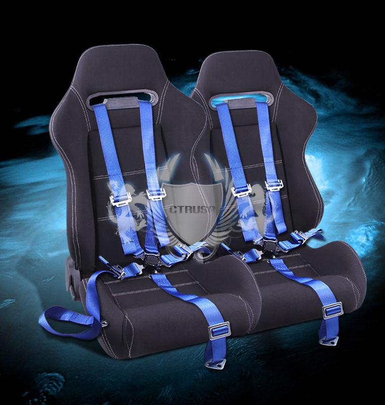 2x  blk/white fabric stitch racing bucket seat+5-pt blue belt camlock strap pair