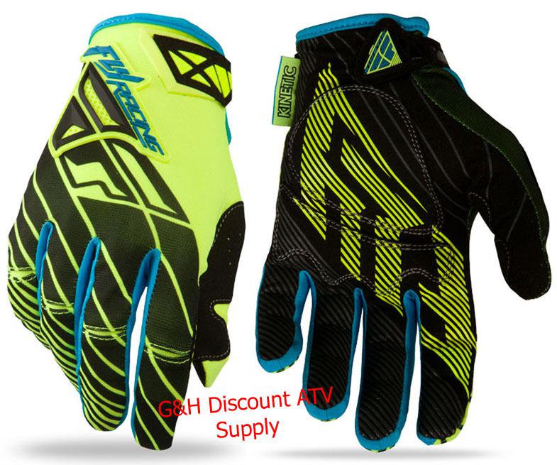 New 2014 fly racing kinetic gloves adult youth blue hi viz moto motocross atv