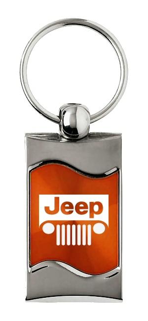 Jeep grill orange rectangular wave metal key chain ring tag key fob logo lanyard