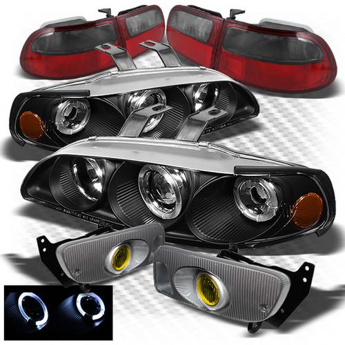 92-95 civic 3dr black pro headlights + red smoke tail lights + yellow fog lights