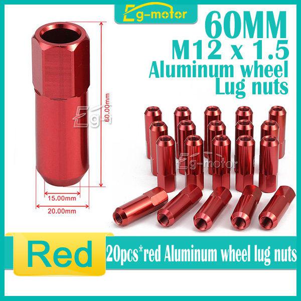 Red 60mm 7075 billet aluminum extended tuner lug nuts lugs for wheels/rims x20