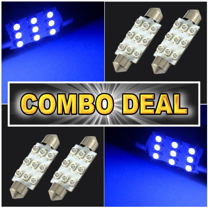 4x blue led lights for dome + map 1.72" 42mm combo package deal #9b