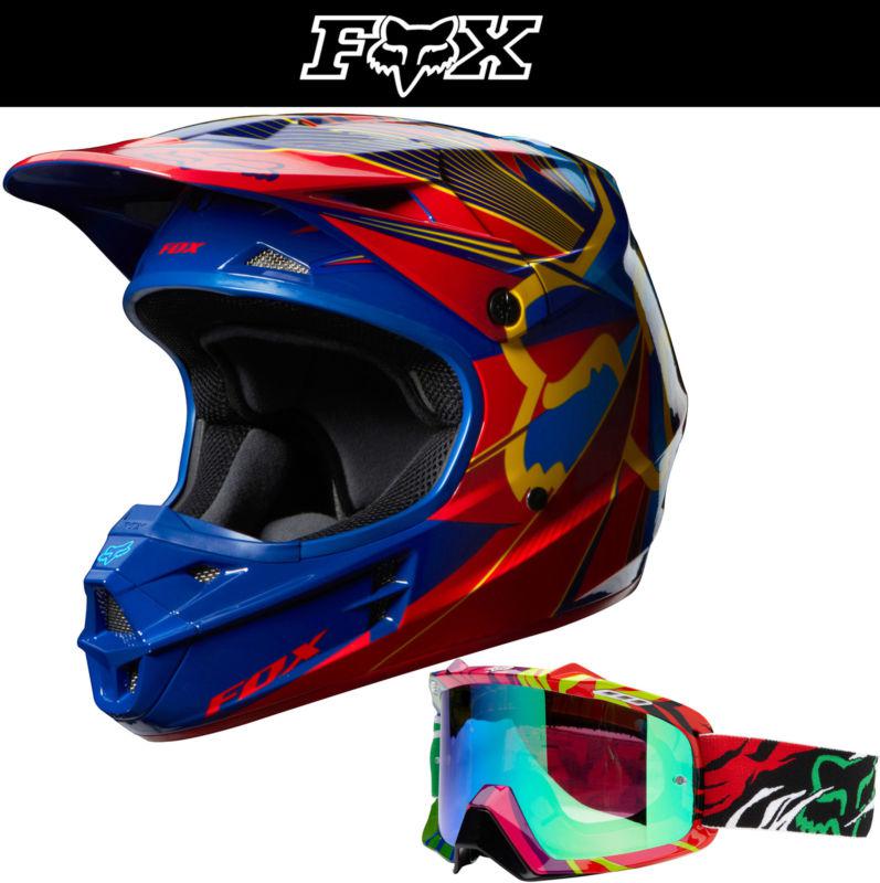 Fox racing v1 radeon blue red dirt bike helmet w/ forzaken airspc goggle