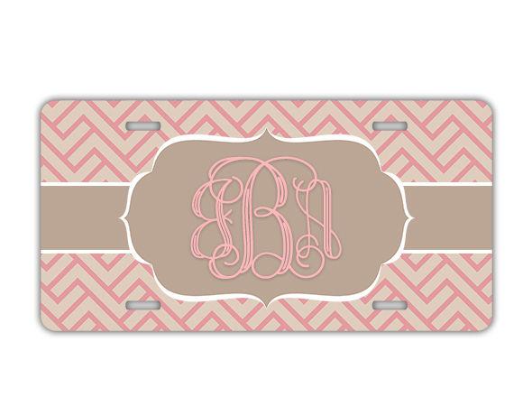 Monogrammed license plate taupe n pink maze monogram personalized car tag (1005)