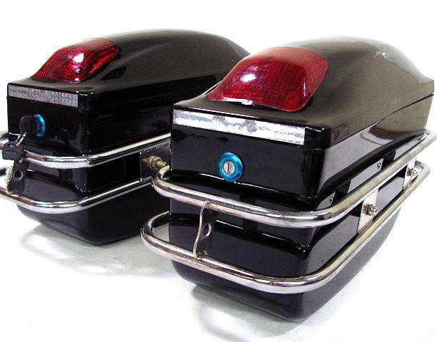 Black motorcycle hard saddlebag trunk bag luggage tail light chrome rail bracket