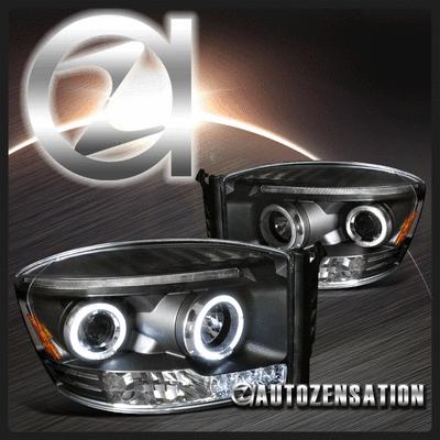 06-08 dodge ram truck black led drl halo projector headlights