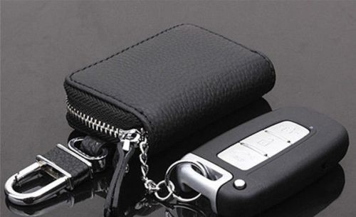 Black leather car key holder case alloy keychain car key cases