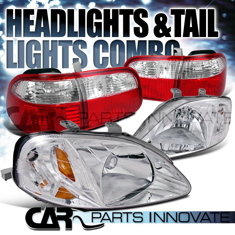 99-00 civic 4dr sedan crystal chrome headlights+red clear rear tail lamps