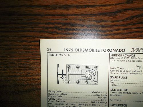 1972 oldsmobile toronado eight series models 265hp 455 ci v8 tune up chart