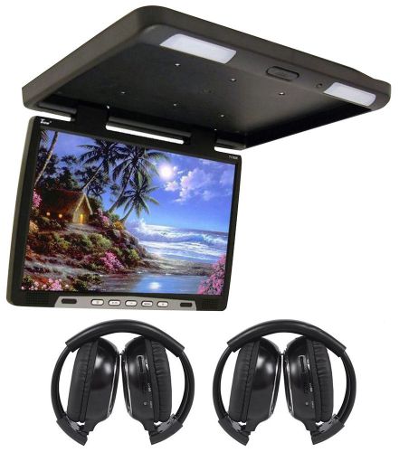 Tview t176ir black 17&#034; car video flip down overhead monitor +2 wireless headsets