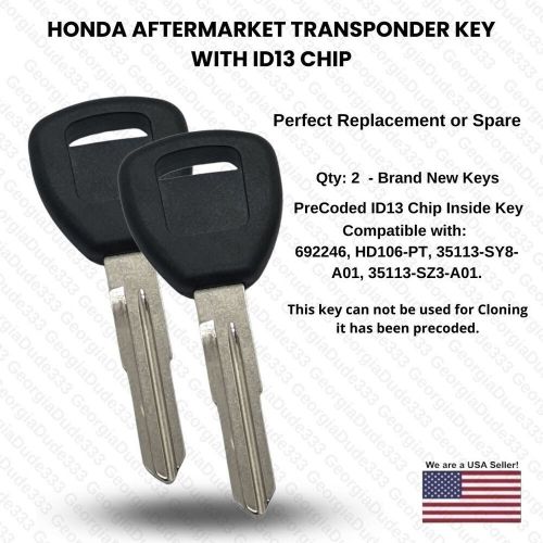 2pak: acura / honda aftermarket replacement key blanks with 13 transponder chips