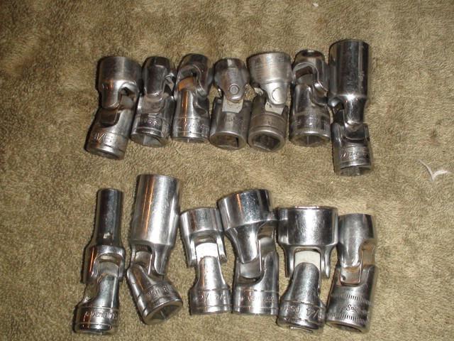 Huge lot of 13 snap on 3/8" drive universal swivel sockets, set, shallow 