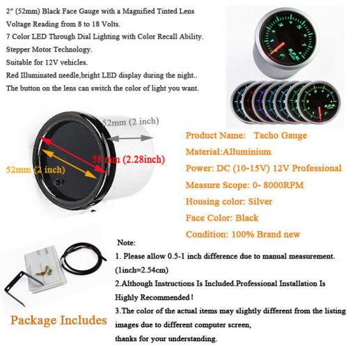 Tacho tachometer gauge 2&#039;&#039; 52mm 0-8000rpm car auto meter digital led display 12v