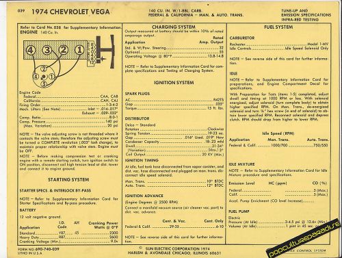 1974 chevrolet vega 140 ci 4 cylinder 1 bbl car sun electronic spec sheet