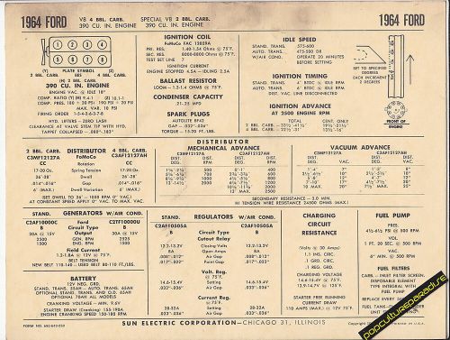 1964 ford v8/special v8 390 ci engine 2/4 bbl carb car sun electronic spec sheet