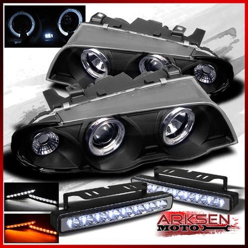 White/amber led fog+99-01 bmw e46 3-series 4 dr black halo projector headlights