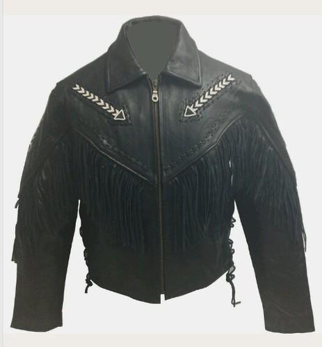 American top leather womens biker motorcycle fringe beaded arrow jacket medium