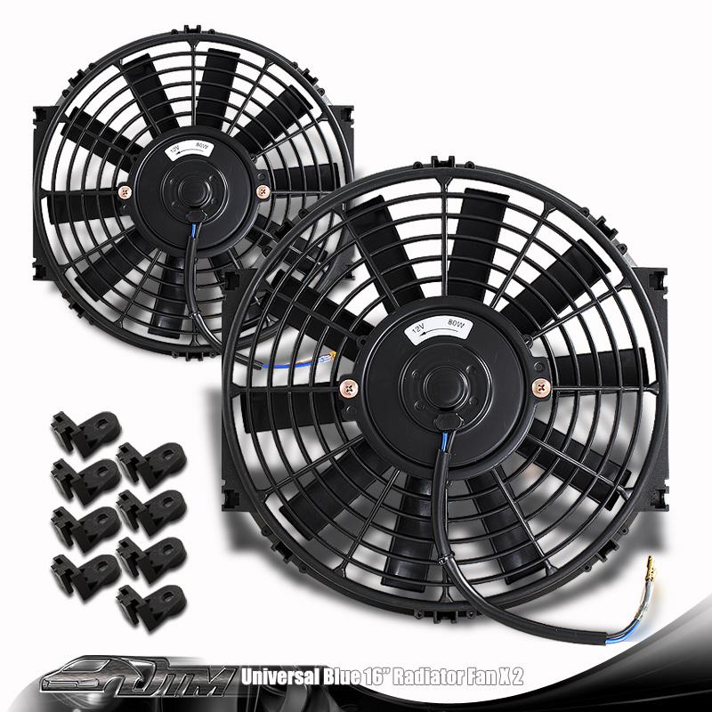 2x universal black 16" 2250 rpm 12v electric cooling pull slim radiator fan