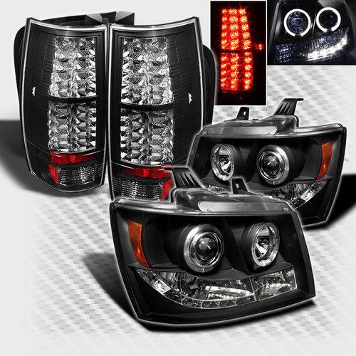 2007-2013 chevy suburban tahoe twin halo led projector head+led tail lights blk