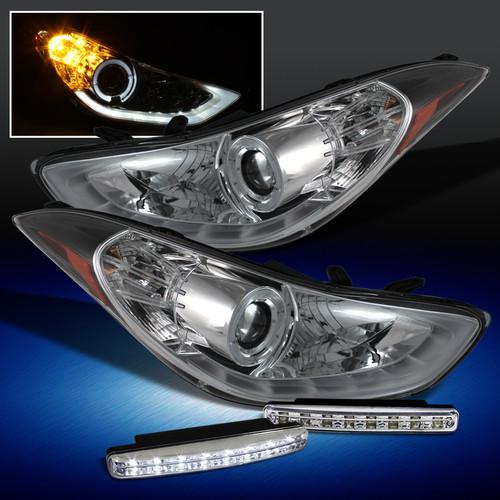 Fit 11-13 elantra halo drl daytime led strip projector clear headlights+drl led